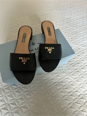 Prada Black Leather Gold Logo Slide Mules